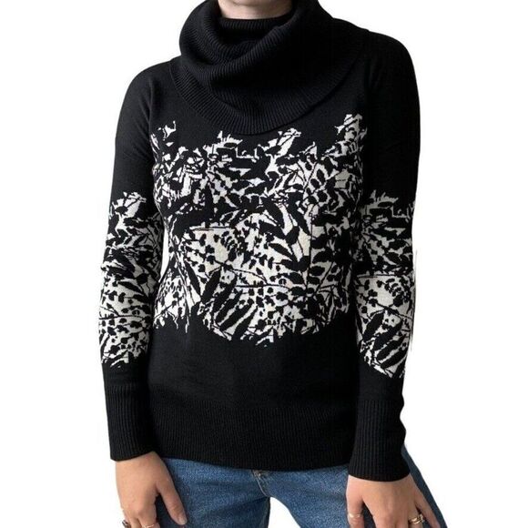 Diane Von Furstenberg Black White Floral Merino Wool Cowl Neck Sweater Petite M - Picture 1 of 8